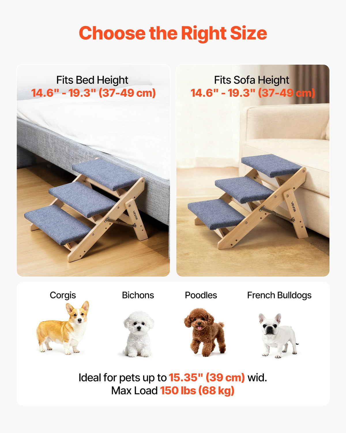 Folding 3-Step Wooden Pet Stairs for Bed, Sofa & Car
