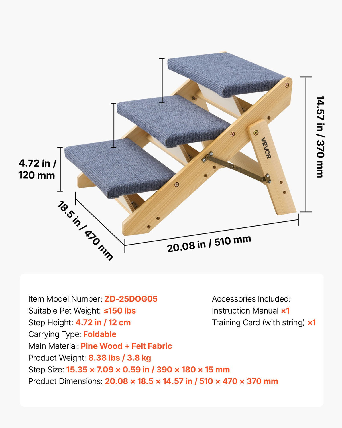 Folding 3-Step Wooden Pet Stairs for Bed, Sofa & Car