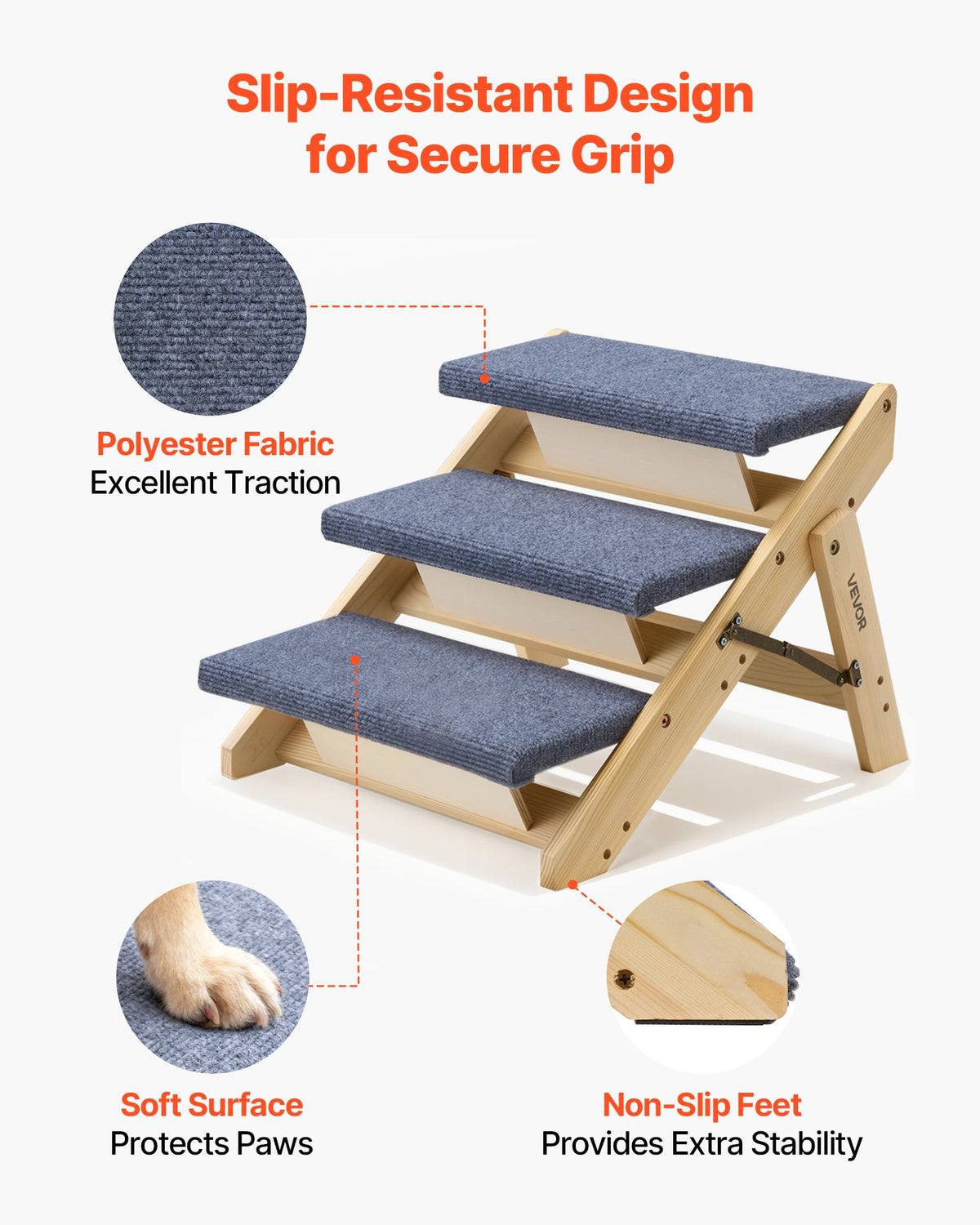 Folding 3-Step Wooden Pet Stairs for Bed, Sofa & Car