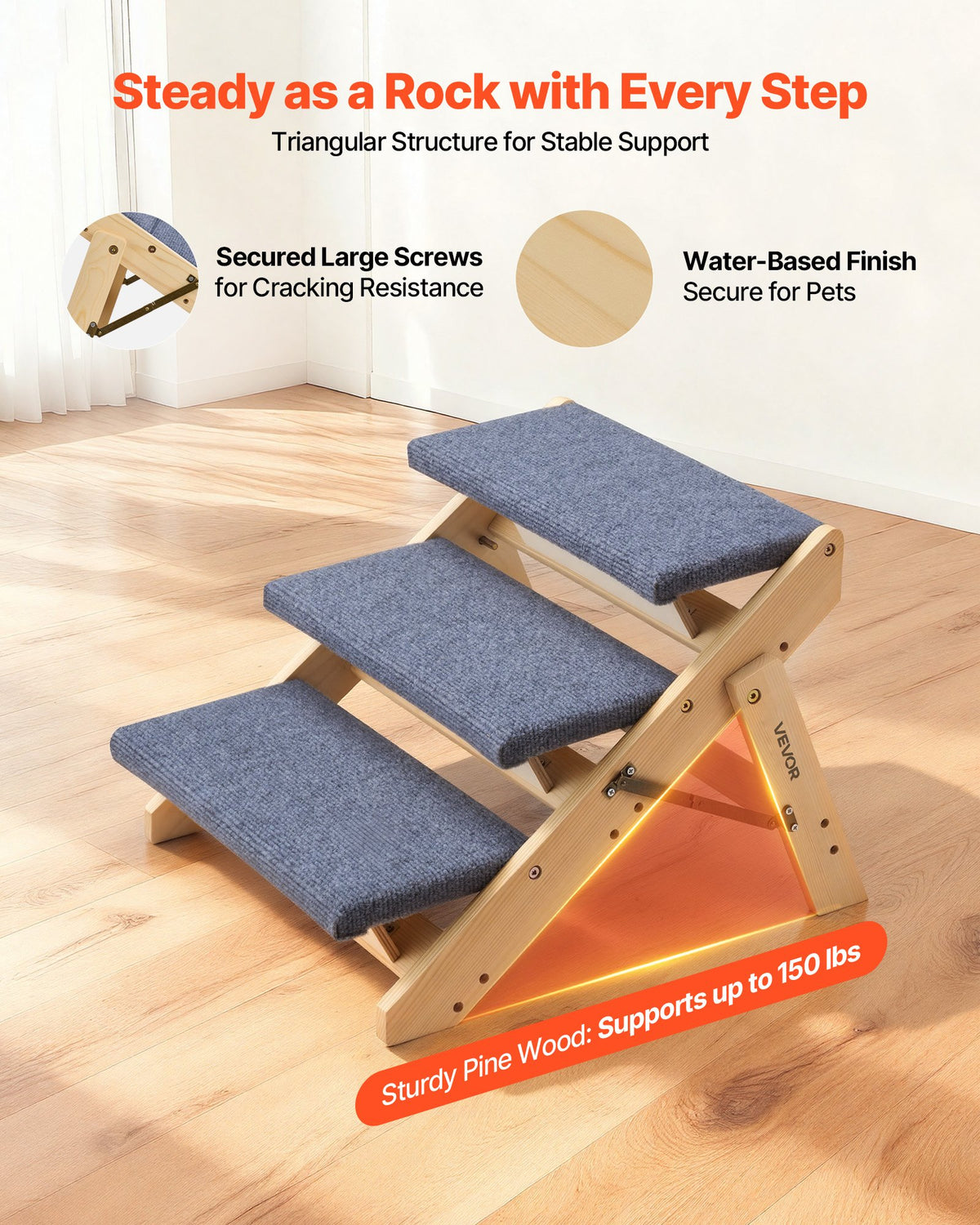 Folding 3-Step Wooden Pet Stairs for Bed, Sofa & Car