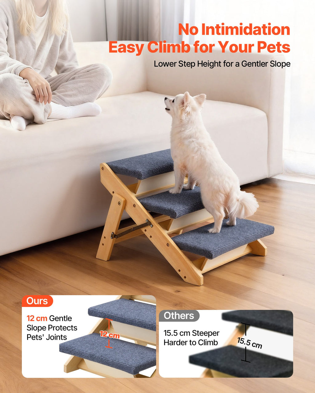 Folding 3-Step Wooden Pet Stairs for Bed, Sofa & Car